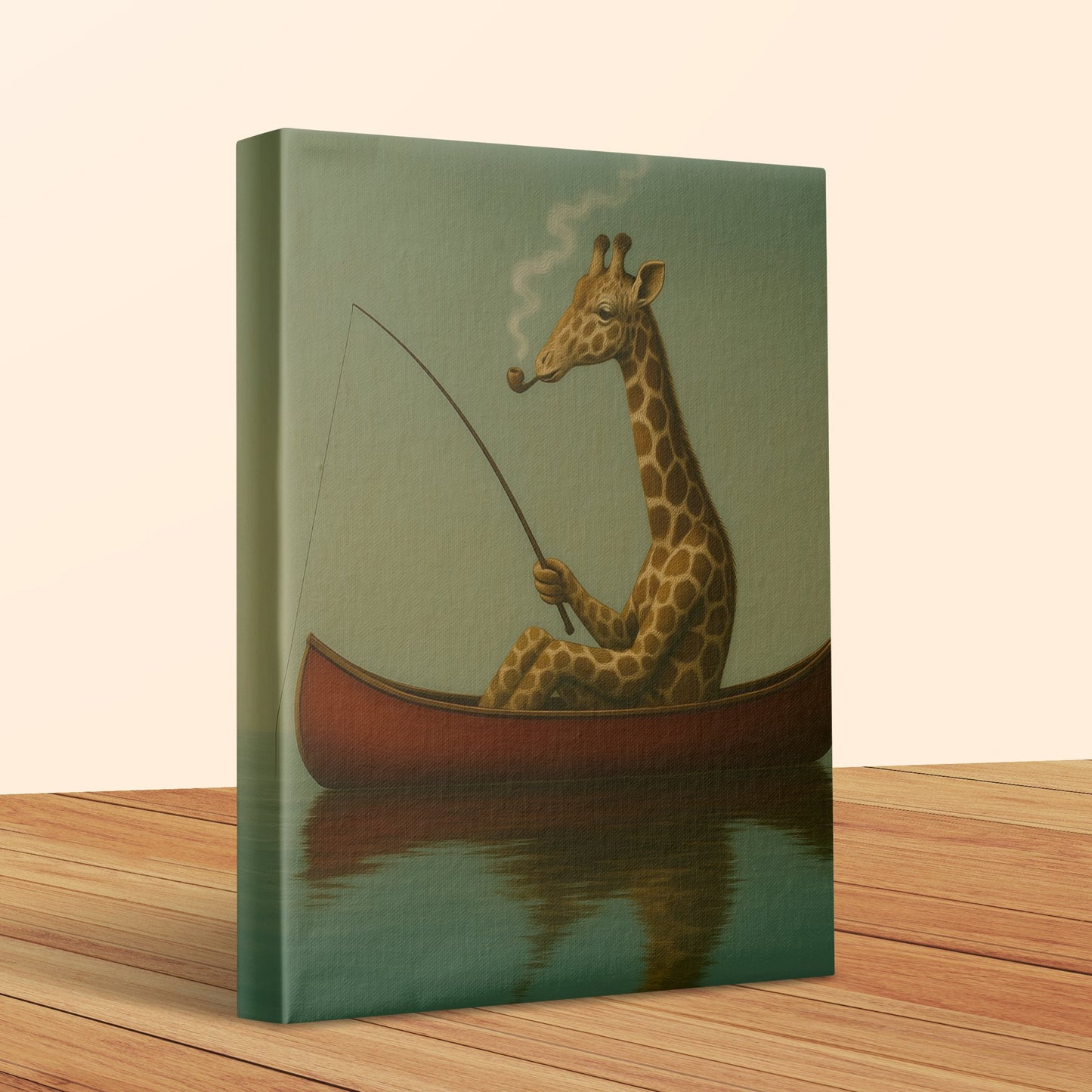 Whimsical Giraffe Fishing in Canoe Canvas Art Print, Unique Wall Decor, Quirky Animal Illustration