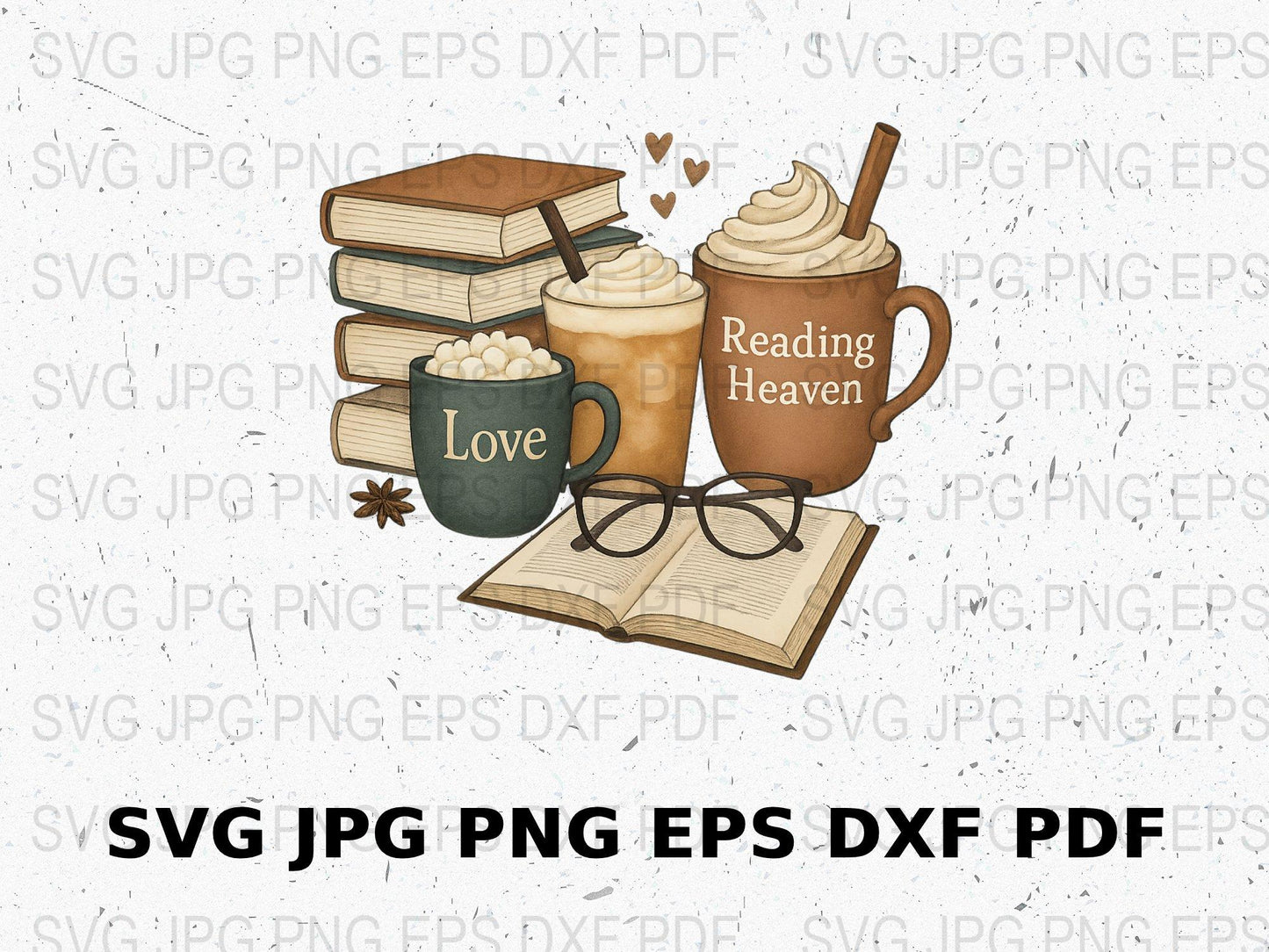 Reading Heaven Coffee Mug, Love Book Stack Clipart, Glasses and Books Digital Art, Cozy Reading png jpg svg Files