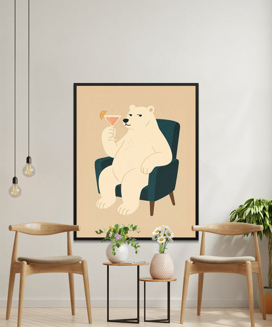 Modern Polar Bear Art Print, Minimalist Animal Poster, Cute Bear Drinking Cocktail, Wall Decor, Living Room Artwork, Neutral Tones