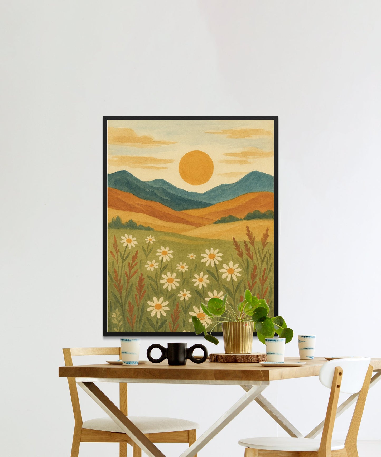 Rustic Landscape Wall Art, Vintage Style Sunrise Mountain Scenery, Floral Countryside Painting for Home Decor