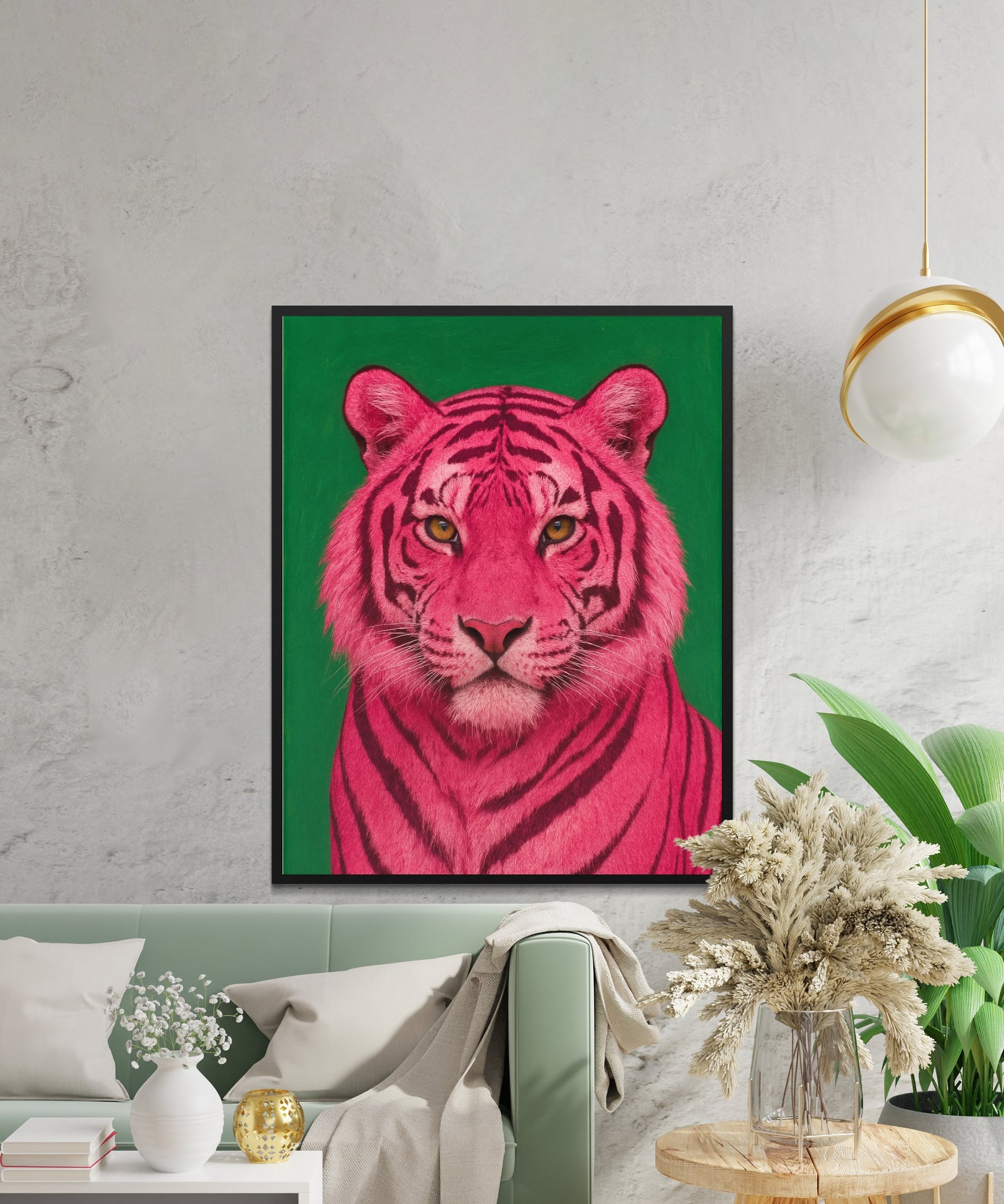 Pink Tiger Art Print, Vibrant Jungle Animal Wall Decor, Modern Home Interior Design, Bold Green Background