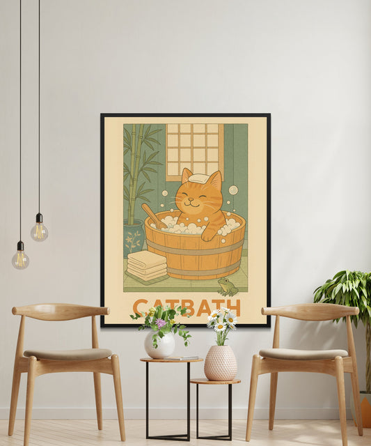Cat Bath Art Print, Relaxing Spa Day Wall Decor, Cute Cat Poster, Japanese Inspired Illustration, Home Decor