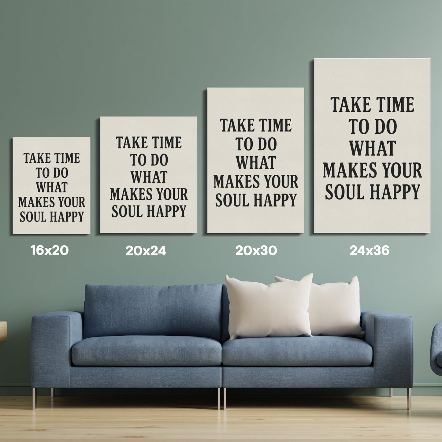Inspirational Quote Wall Art Canvas Set, Home Office Decor, Multiple Sizes, Blue Sofa Background