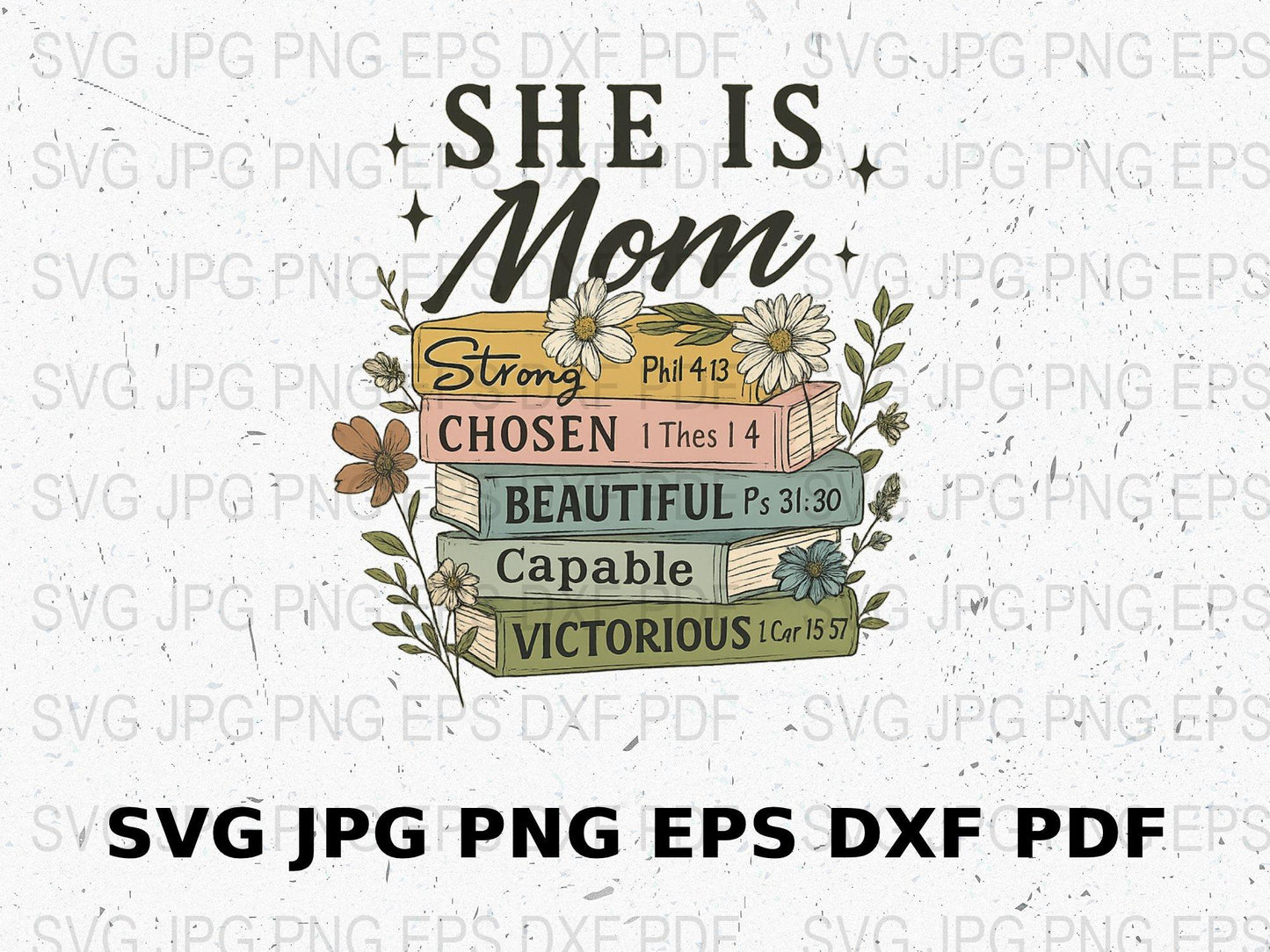 She is Mom SVG, Floral Mother's Day Quote, Strong Chosen Capable, Digital Download Files, SVG, PNG, EPS, DXF, JPG