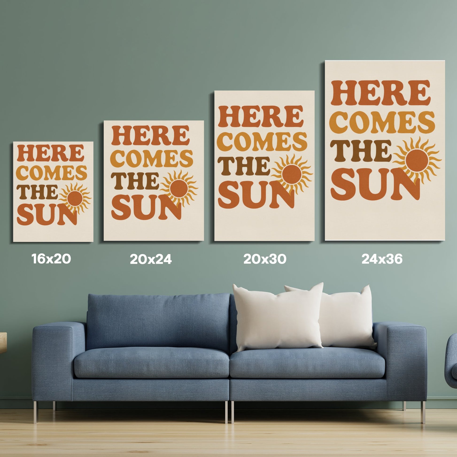 Here Comes the Sun Wall Art Prints, Modern Typography, Living Room Decor, Set of Four Canvas Sizes