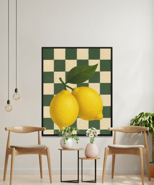 Modern Lemon Art Print, Checkered Background, Yellow Fruit Wall Decor, Kitchen Artwork, Dining Room Enhancement, Large Poster