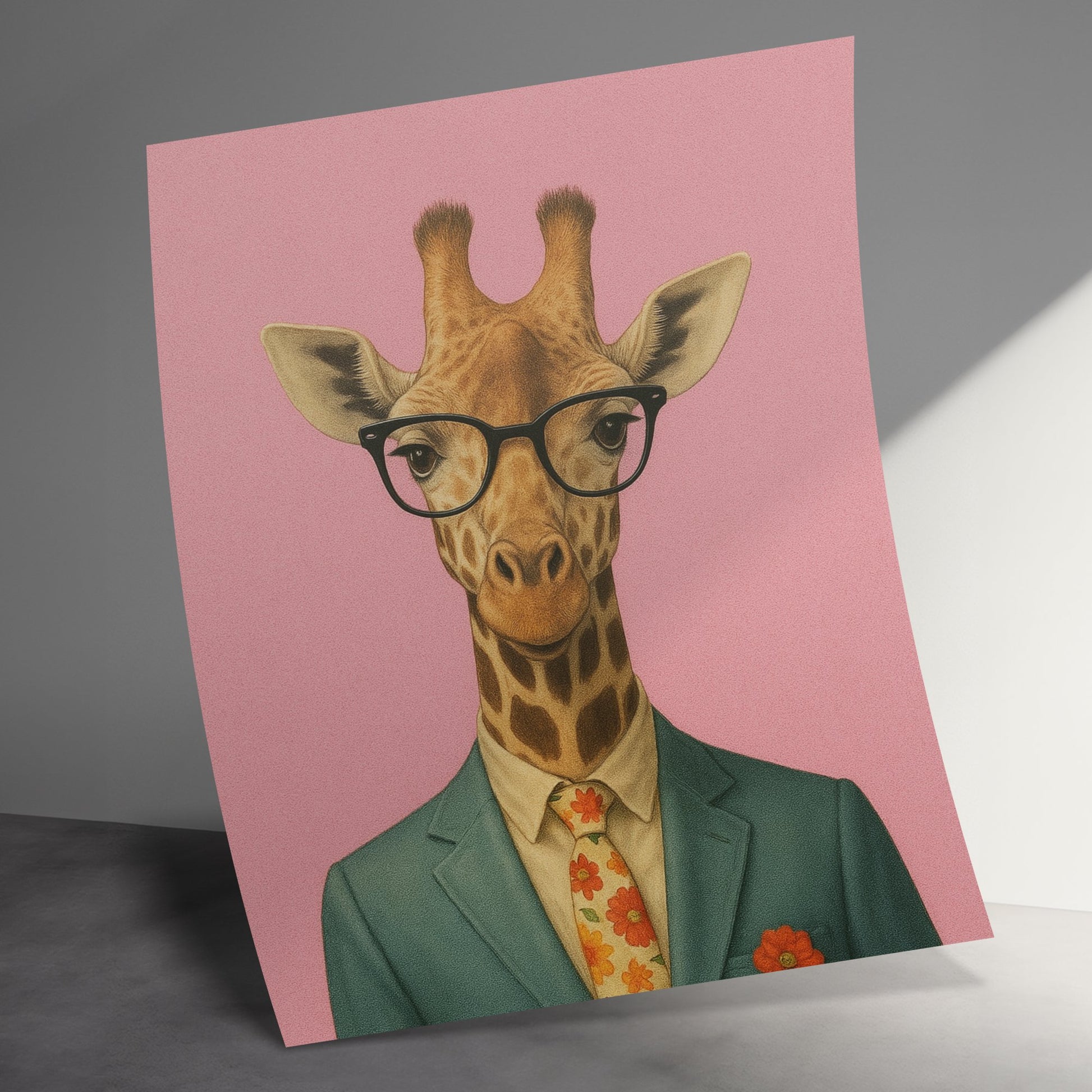 Quirky Giraffe in Glasses and Suit Art Print, Unique Animal Wall Decor, Colorful Office Artwork