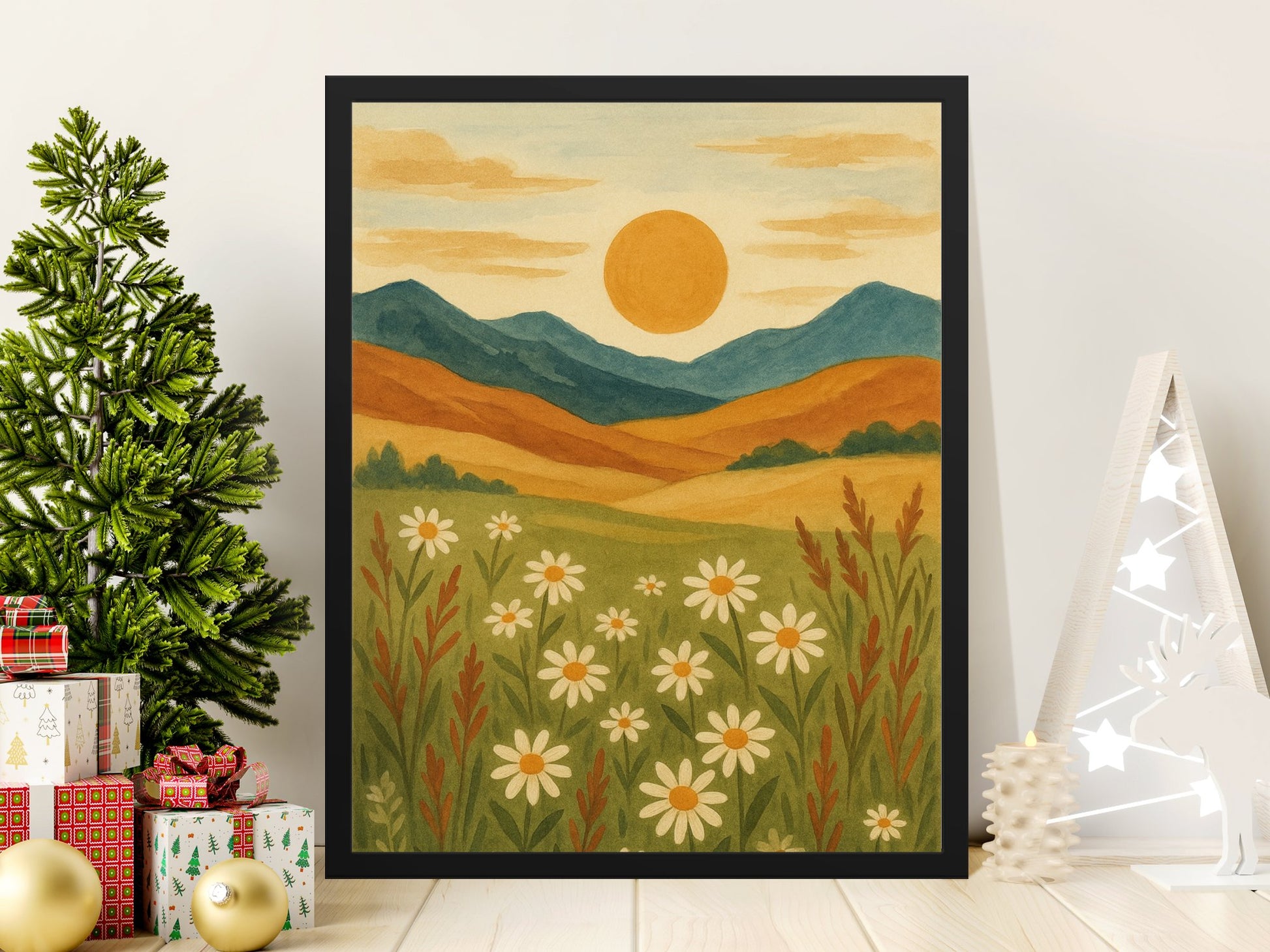 Rustic Landscape Art Print, Vintage Style Sun and Mountains Wall Decor, Nature Inspired Home Decoration, Framed Countryside Illustration