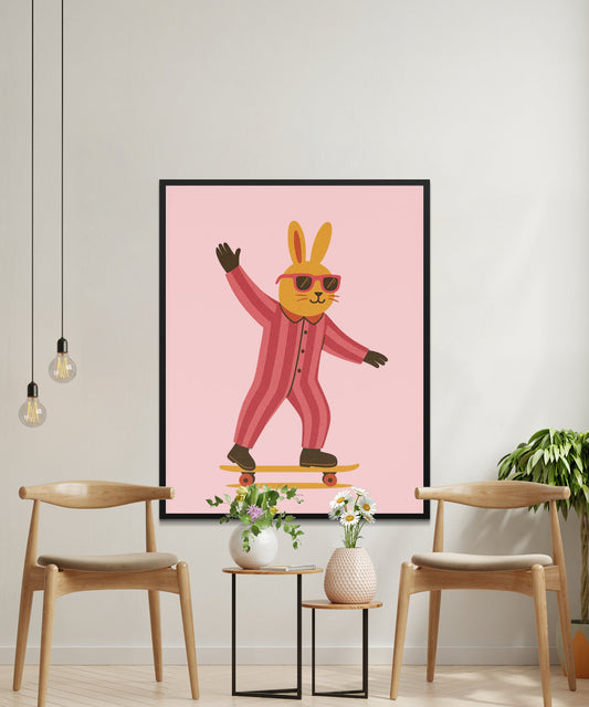 Cool Skateboarding Bunny Poster, Pink Wall Art for Kids Room, Playful Animal Print Decor