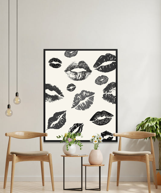 Modern Black and White Kiss Print, Abstract Lips Wall Art, Trendy Home Decor, Stylish Monochrome Poster