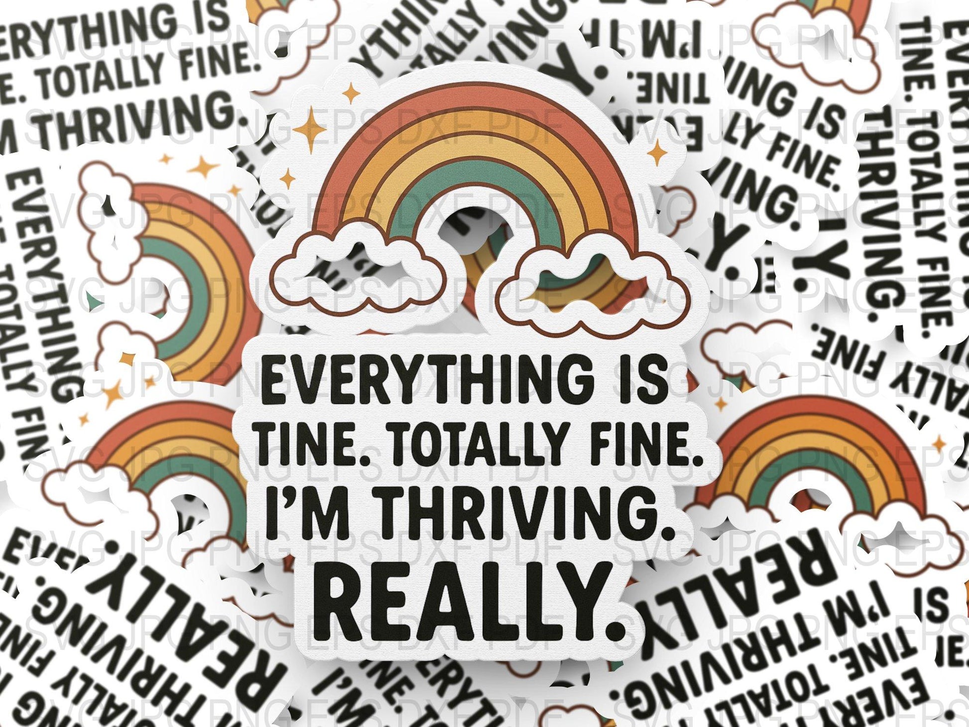 Motivational Sticker Pack, Rainbow and Clouds Design, Vinyl Stickers, 'Everything is Fine' Quote, Bulk Stickers for Laptops and Planners