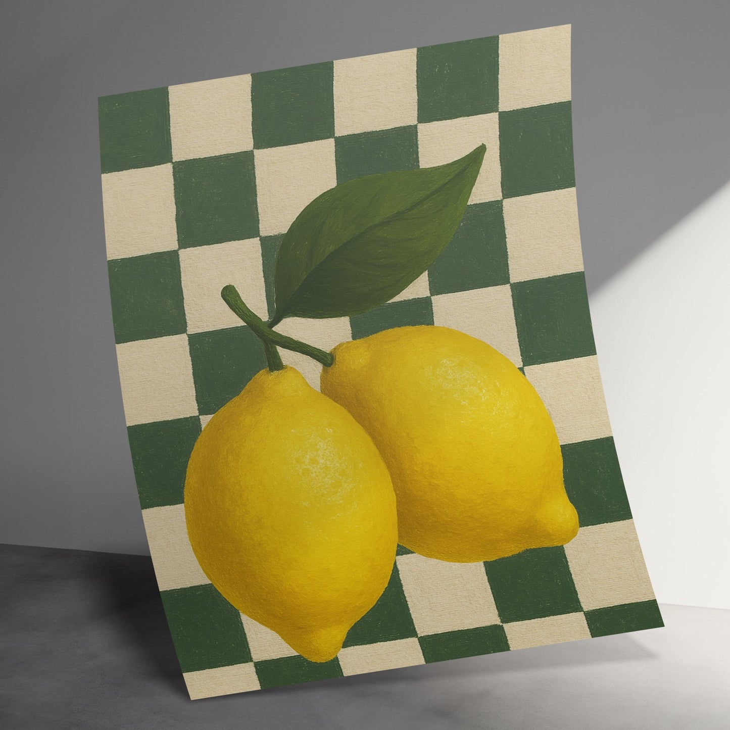 Vintage Lemon Art Print, Yellow Citrus Fruit Poster, Green Checkerboard Kitchen Wall Decor, Retro Style Home Artwork