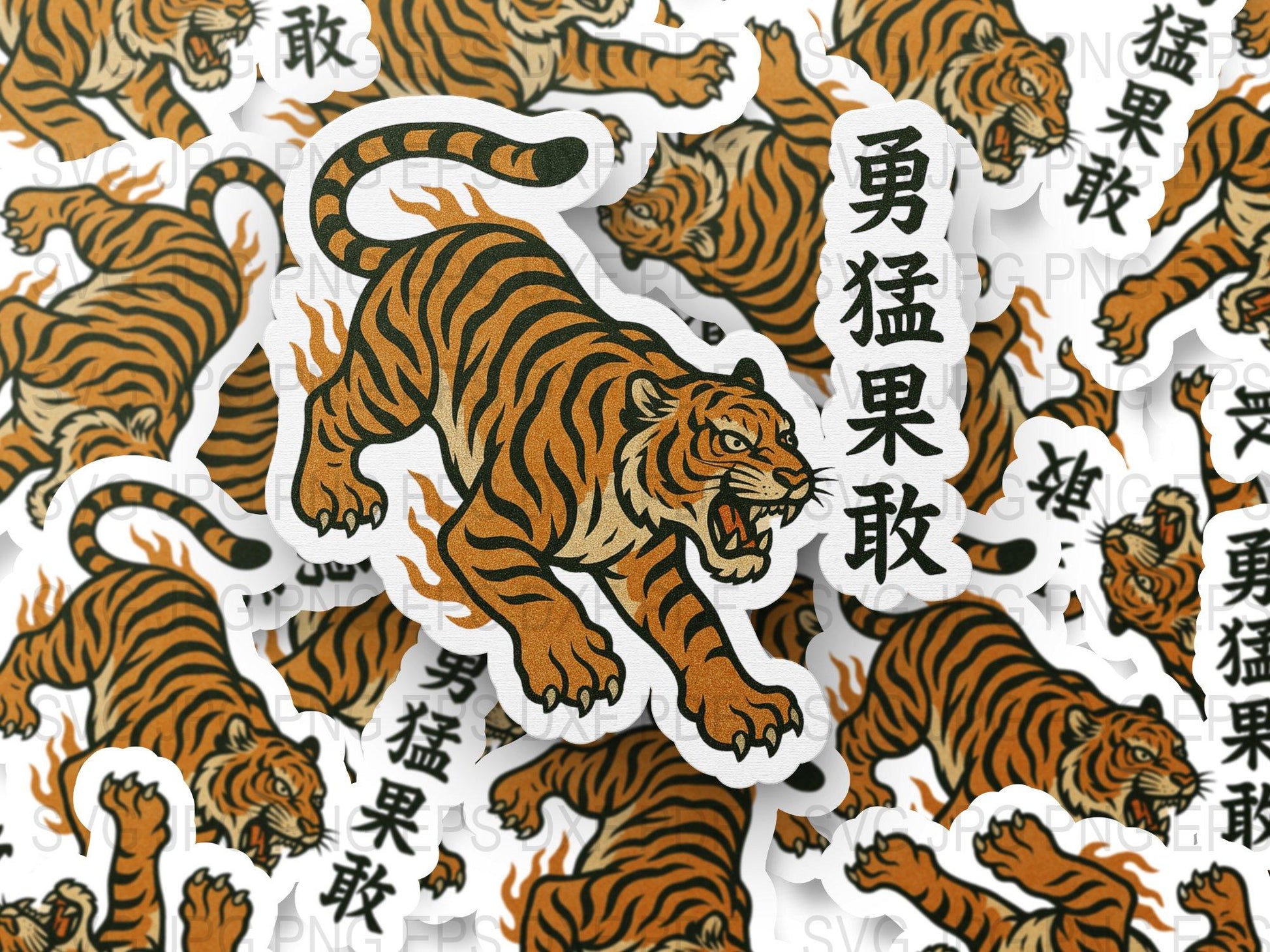 Vintage Tiger Stickers, Traditional Japanese Style, Large Vinyl Decals, Waterproof and Durable, Pack of 10