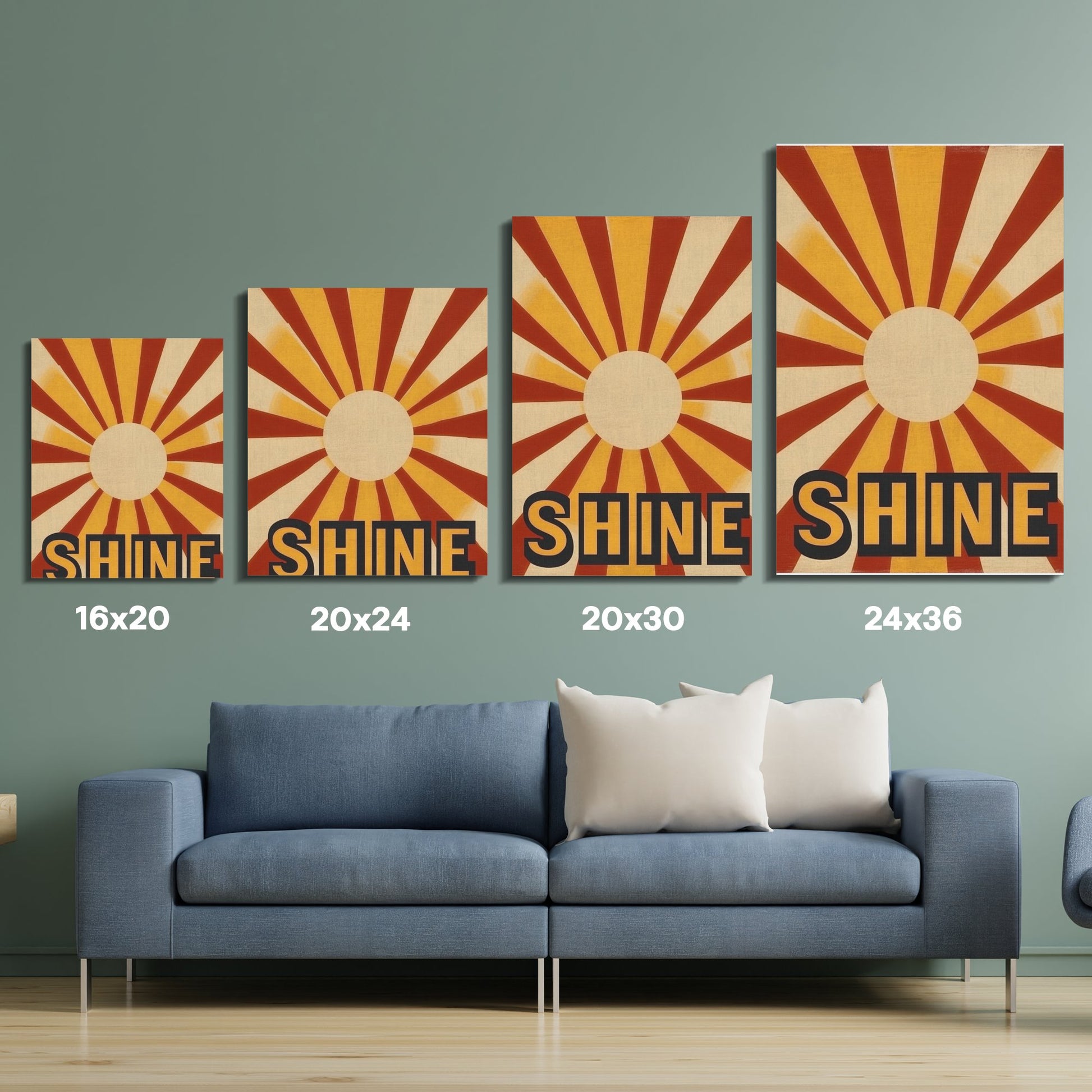 Retro Shine Typography Art Prints, Vibrant Sunburst Design, Modern Home Decor Wall Art Set