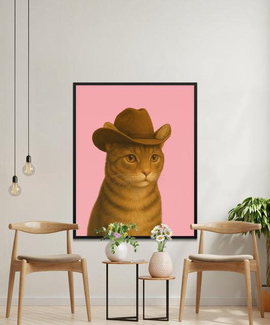 Cat in Hat Wall Art Print, Stylish Feline with Fedora, Modern Home Decor, Unique Animal Poster, Pink Background