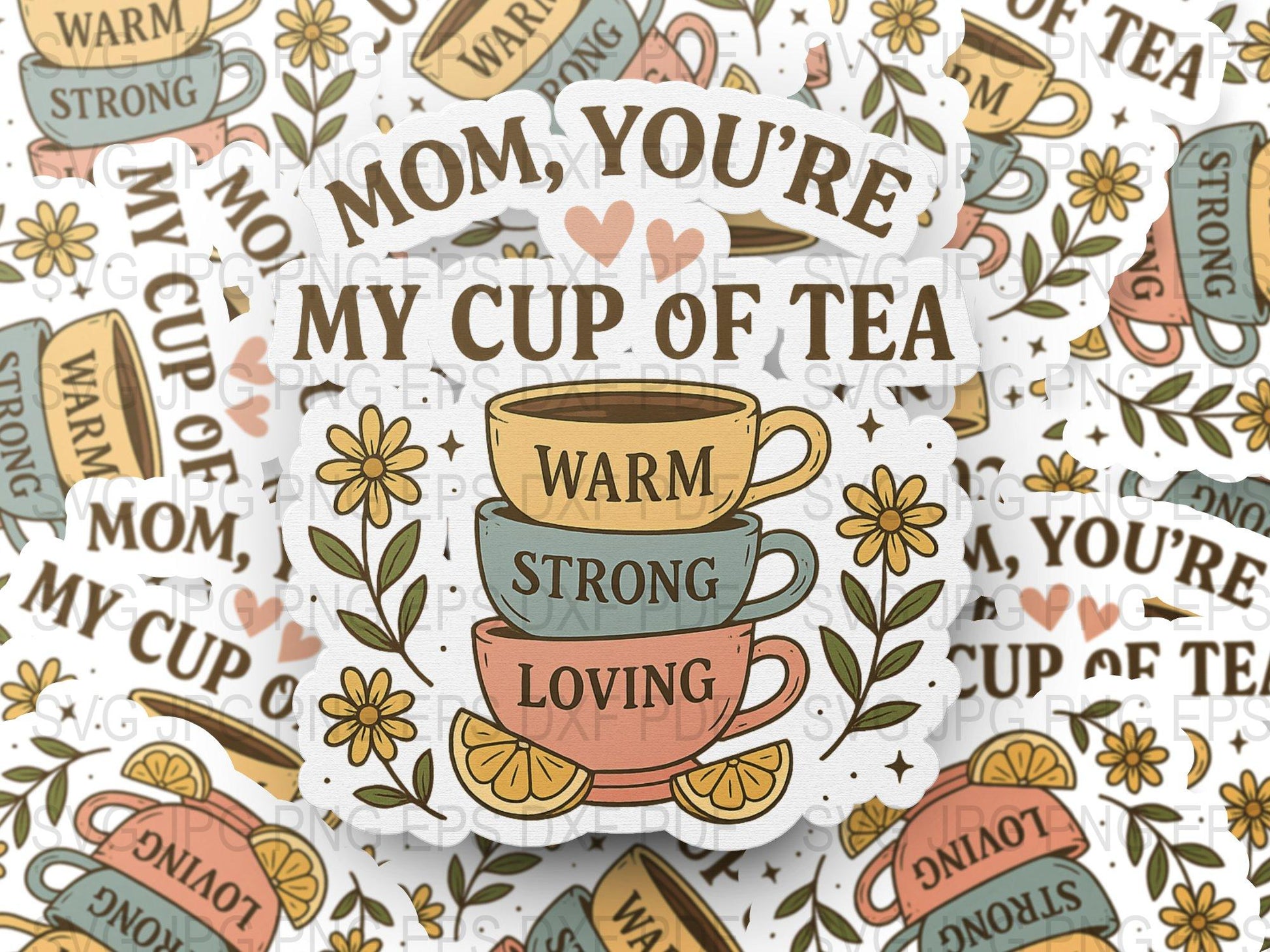 Vintage Tea Cup Illustration Poster, Warm Strong Loving Mom's Gift, Floral Kitchen Art Wall Decor