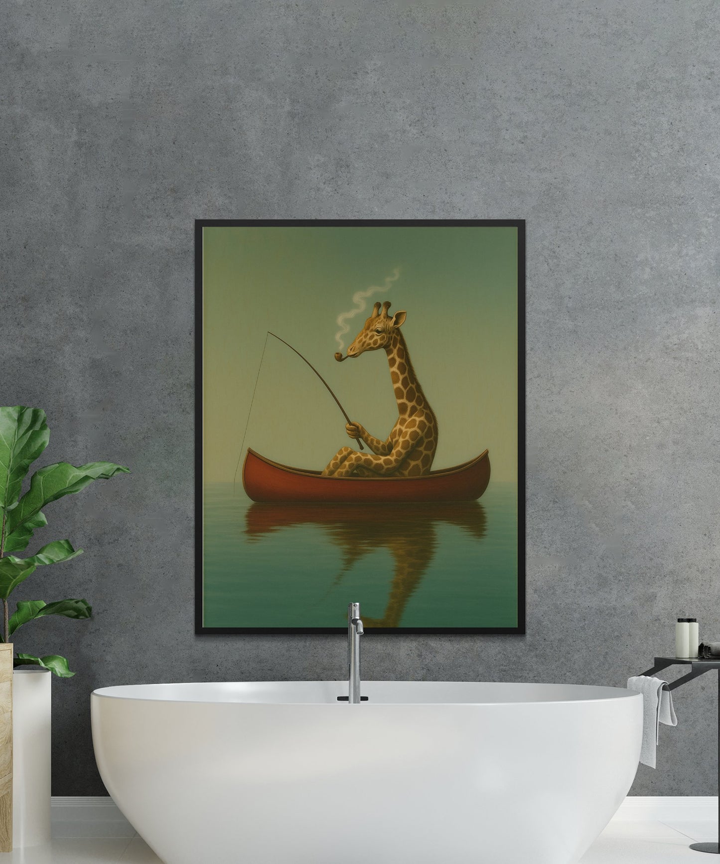 Whimsical Giraffe Fishing Art Print, Quirky Animal in Boat Wall Decor, Unique Safari Theme Poster for Bathroom or Nursery