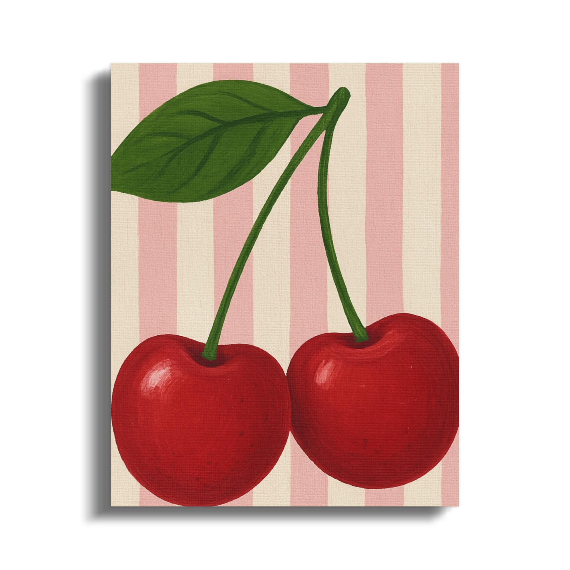 Red Cherry Art Print, Kitchen Wall Decor, Vintage Style Fruit Painting, Retro Striped Background Canvas
