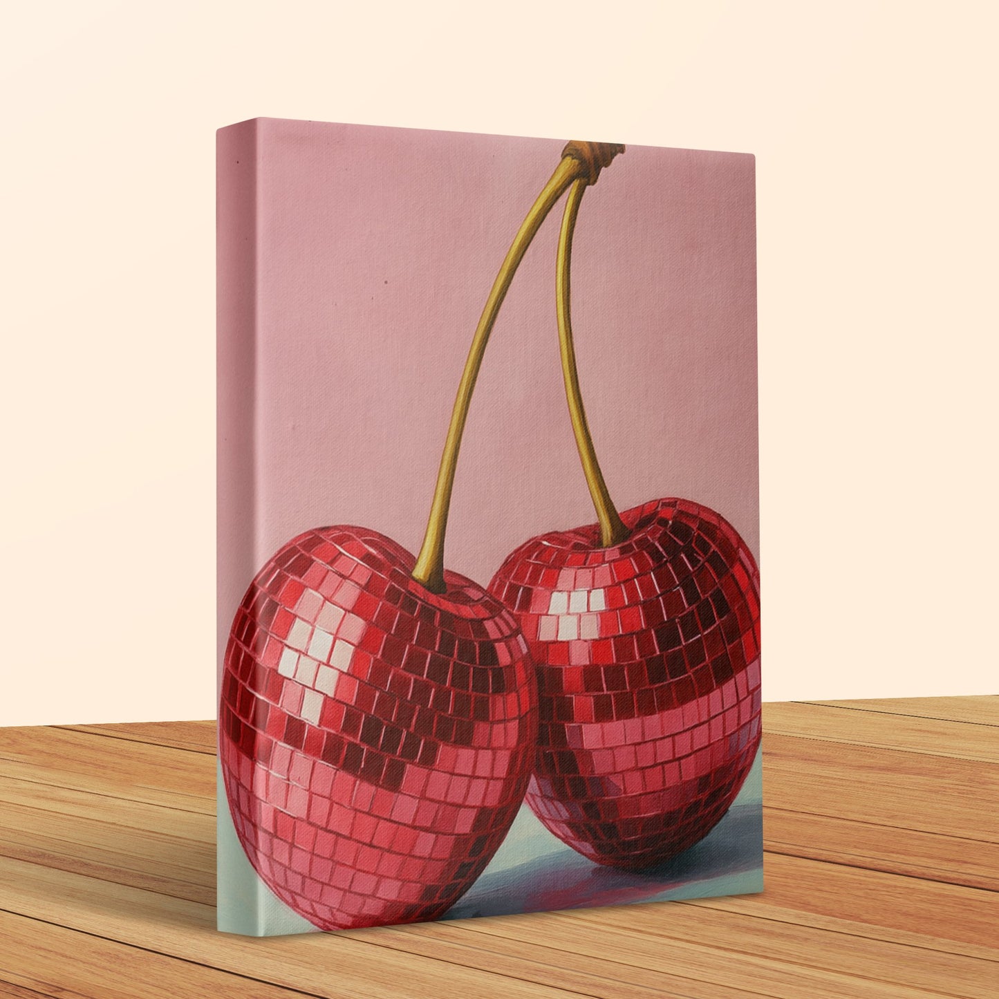 Disco Cherry Canvas Art Print, Pink Background, Modern Kitchen Wall Decor, Unique Fruit Artwork