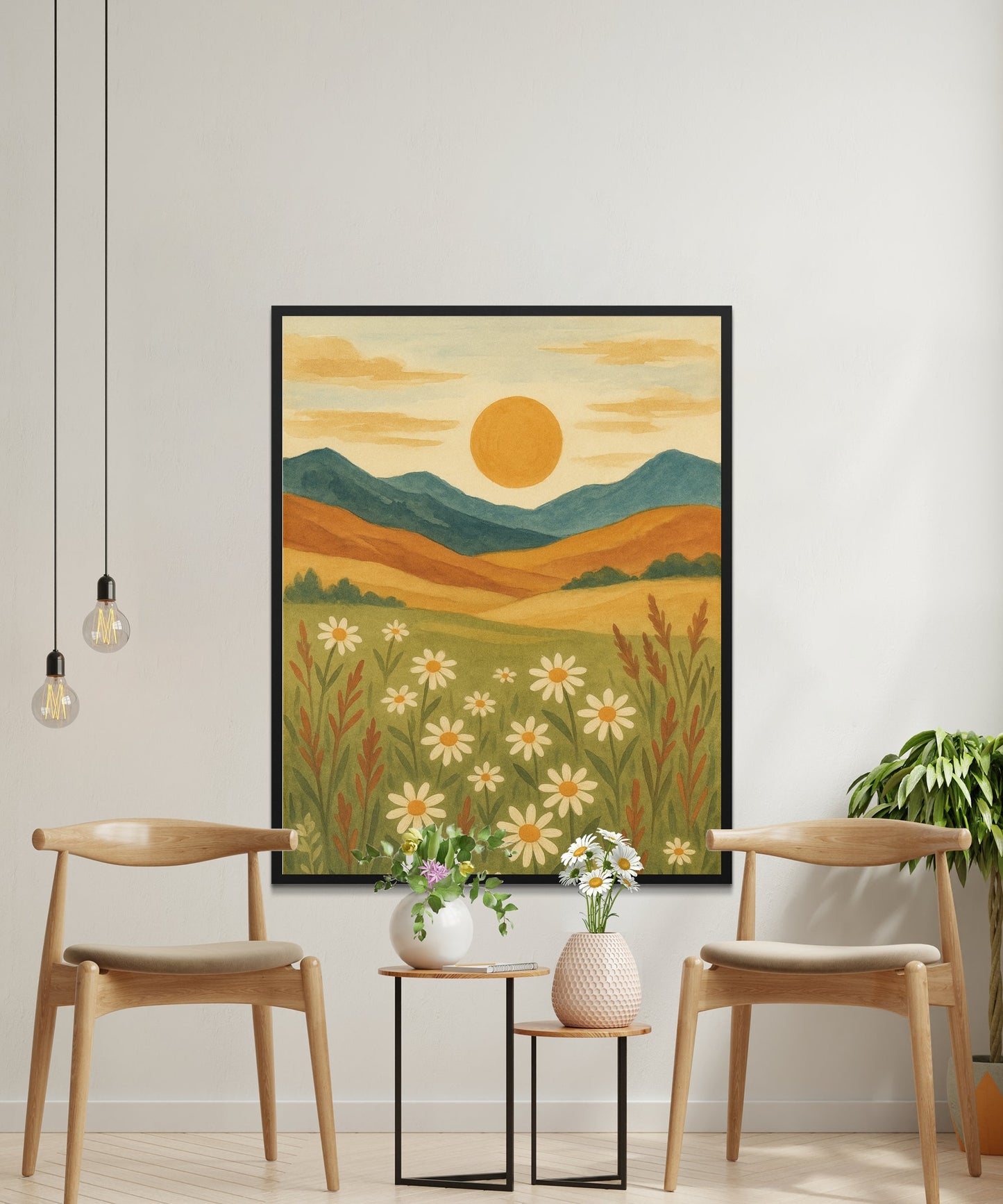 Rustic Landscape Wall Art, Vintage Sunset Mountains Canvas Print, Nature Inspired Home Decor