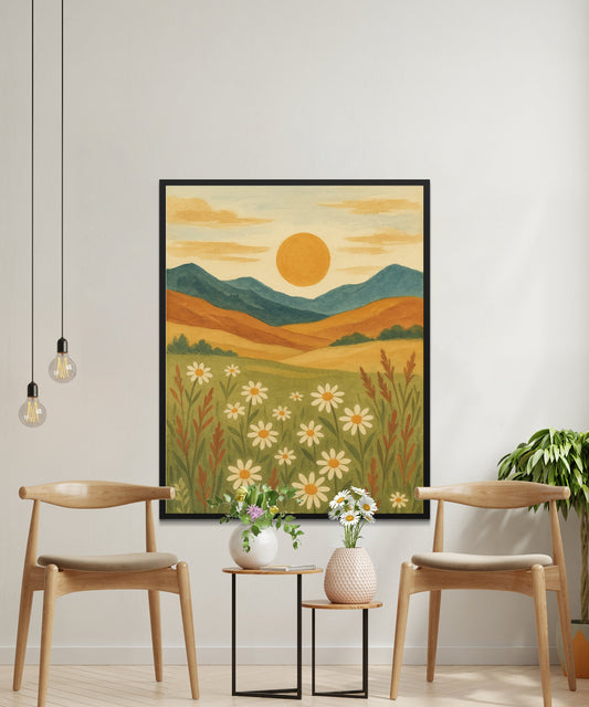 Rustic Landscape Wall Art, Vintage Sunset Mountains Canvas Print, Nature Inspired Home Decor
