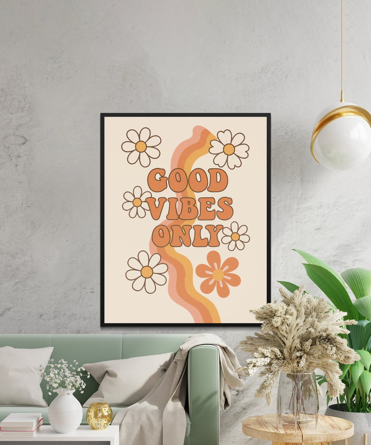 Good Vibes Only Floral Poster, Inspirational Quote Wall Art, Home Decor, Retro Style Print, Colorful Boho Chic Artwork