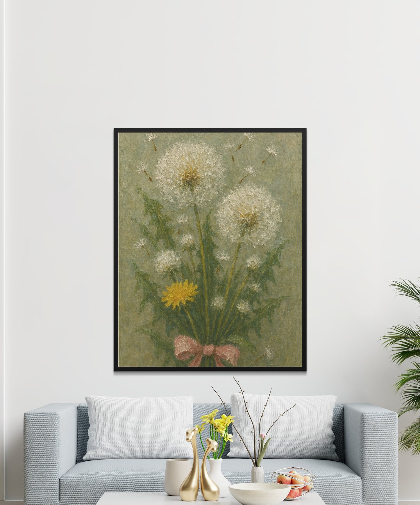 Vintage Floral Art Print, Dandelion Wall Decor, Botanical Living Room Artwork, Rustic Home Decoration, Large Canvas Print