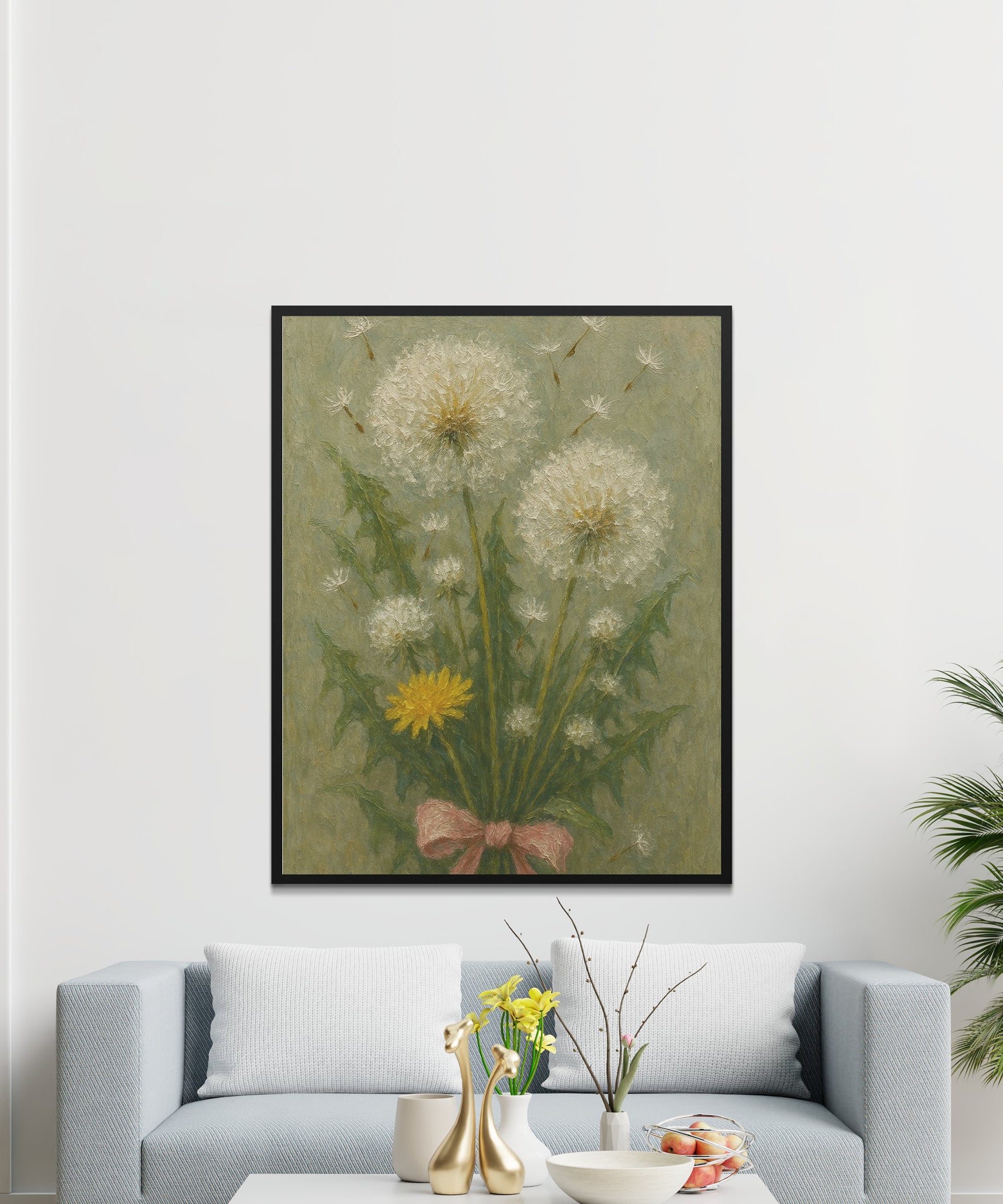 Vintage Floral Art Print, Dandelion Wall Decor, Botanical Living Room Artwork, Rustic Home Decoration, Large Canvas Print