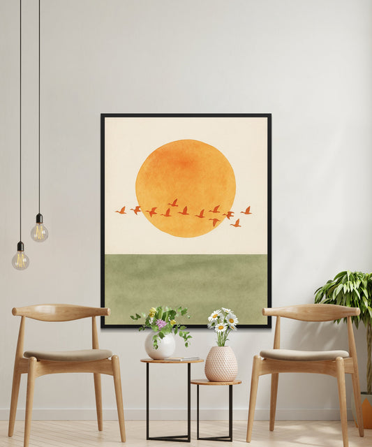 Abstract Sunset Wall Art, Orange Sun Birds Print, Minimalist Nature Decor, Modern Living Room Canvas