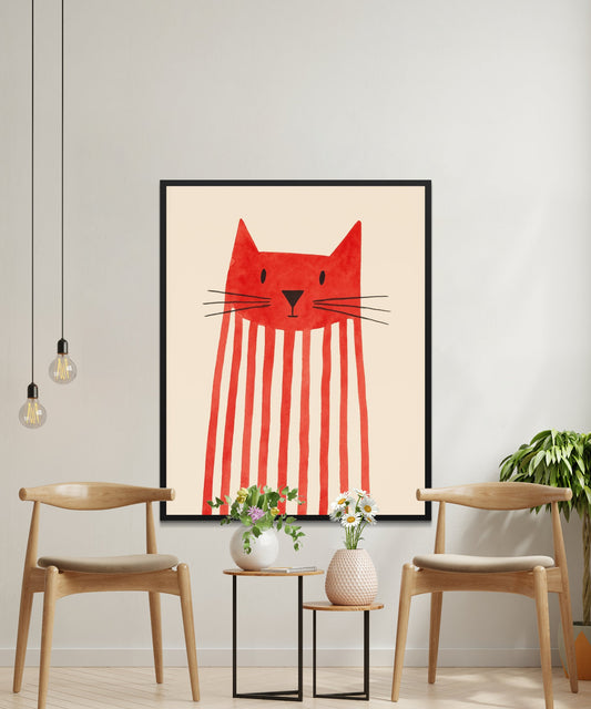 Whimsical Red Cat Art Print, Modern Wall Decor, Abstract Feline Illustration, Home Interior Design, Unique Gift Idea for Cat Lovers