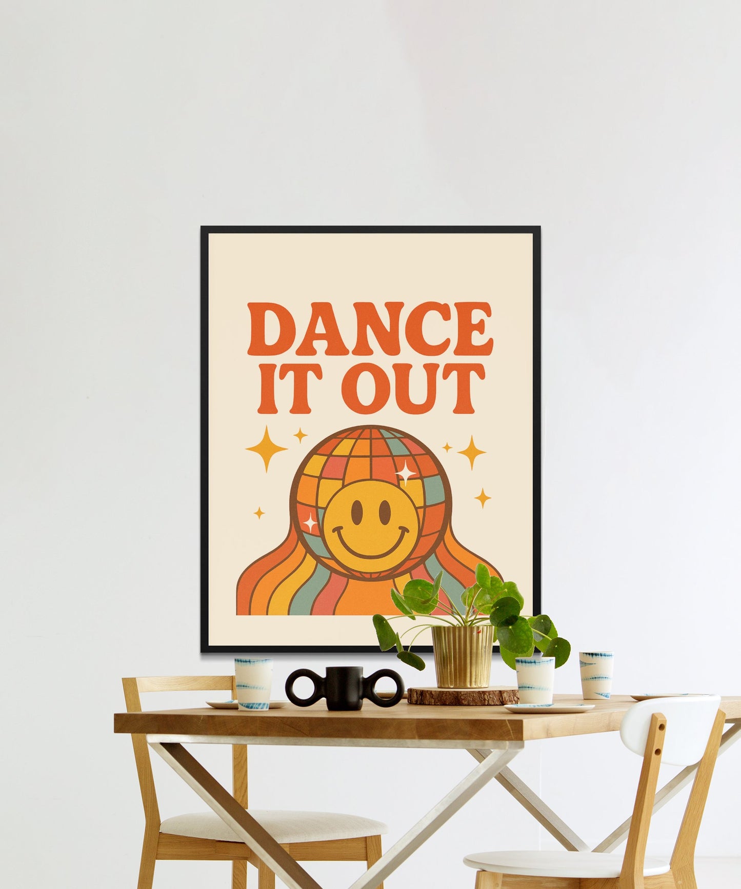 Dance It Out Poster, Retro Smiley Face Art Print, Colorful Vintage Style Wall Decor for Home and Office