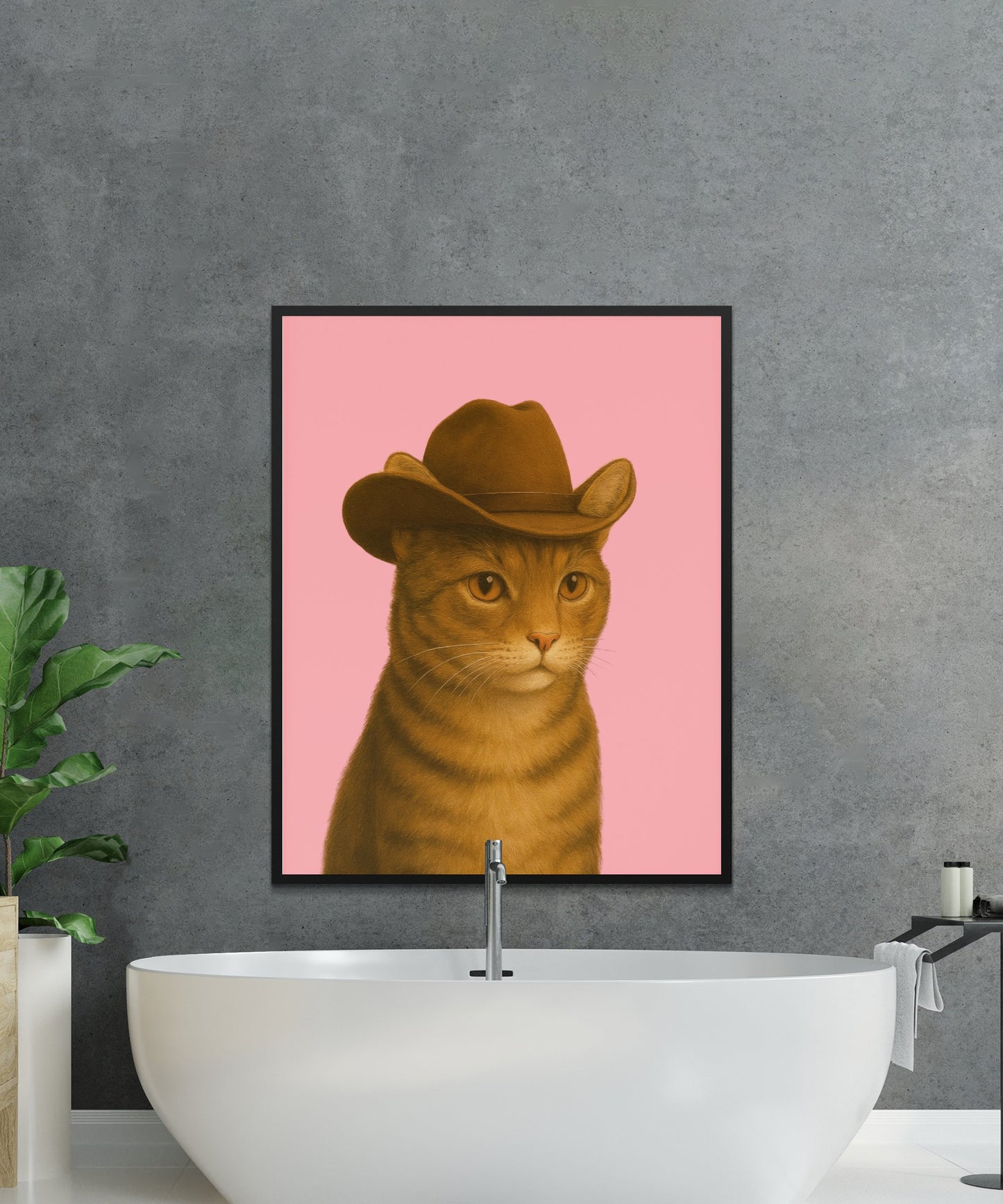 Whimsical Cat Art Print, Orange Tabby with Hat, Pink Background, Home Decor Wall Art, Modern Bathroom Decoration, Unique Animal Poster