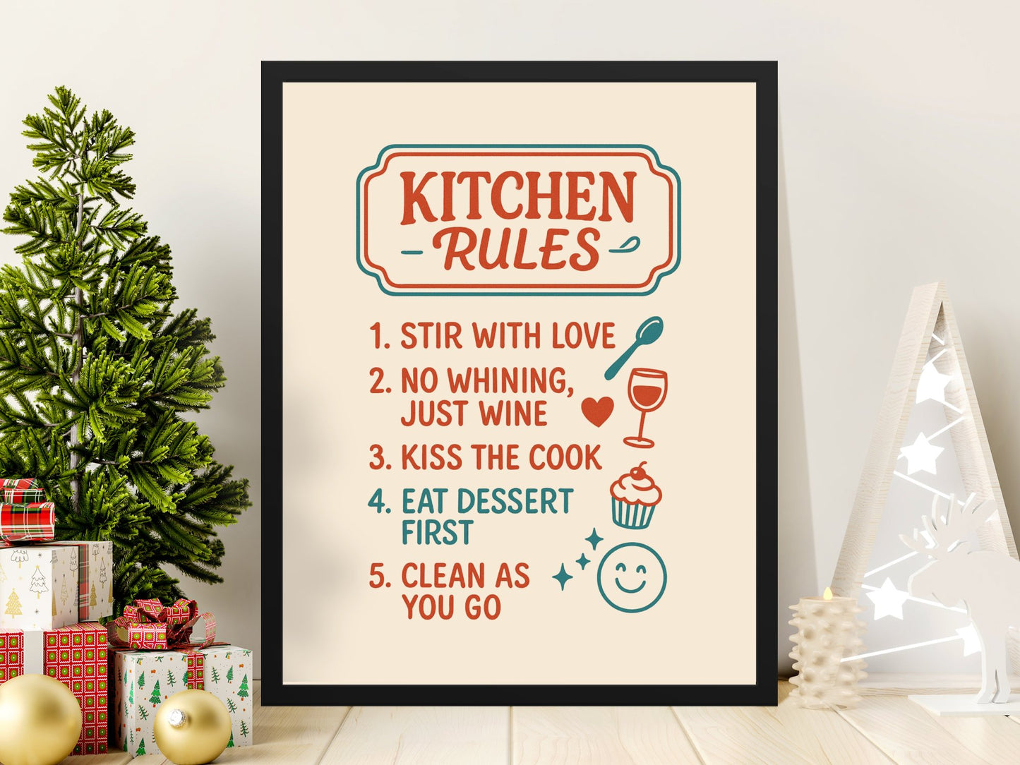 Kitchen Rules Poster, Funny Cooking Quotes, Home Decor Wall Art, Stir With Love, Wine and Dessert, Gift Idea