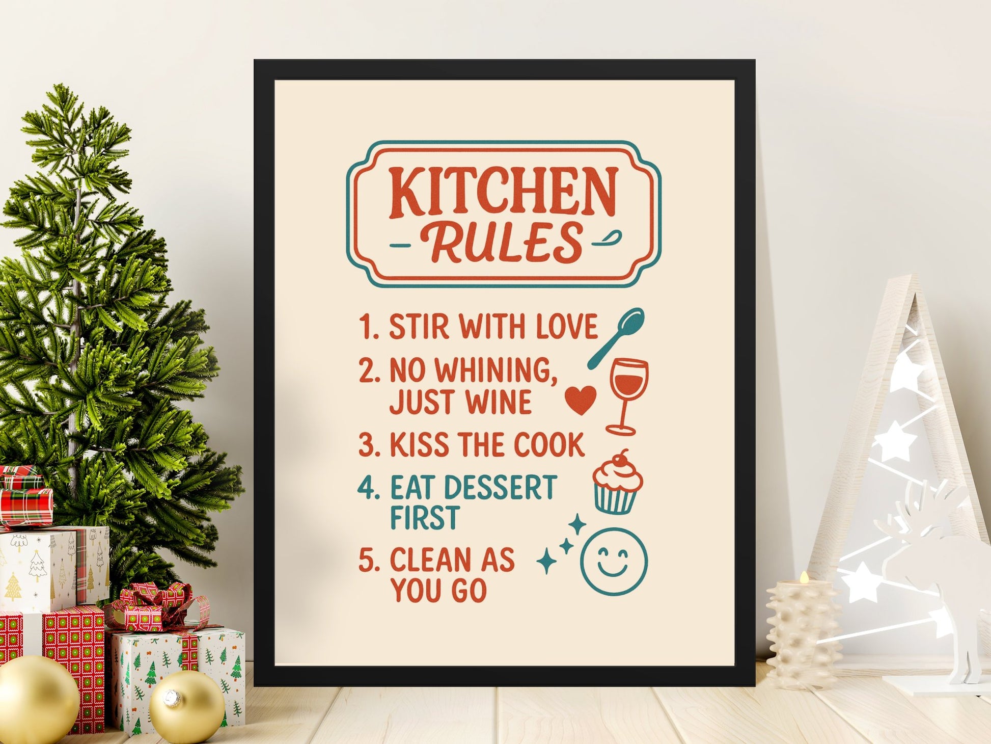Kitchen Rules Poster, Funny Cooking Quotes, Home Decor Wall Art, Stir With Love, Wine and Dessert, Gift Idea