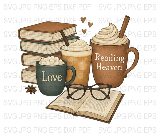 Reading Heaven Coffee Mug, Love Hot Chocolate Cup, Book Stack Illustration, Cozy Winter SVG, JPG, EPS Files