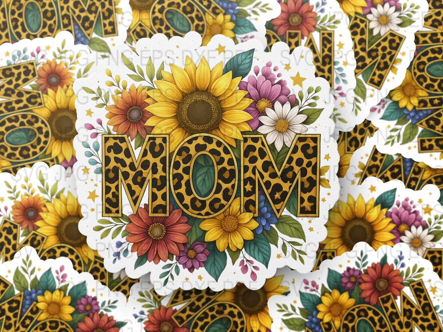 Colorful Floral Mom Word Art Stickers, Sunflower Bouquet Design, Decorative Scrapbooking, Mother's Day Gift, Pack of 10