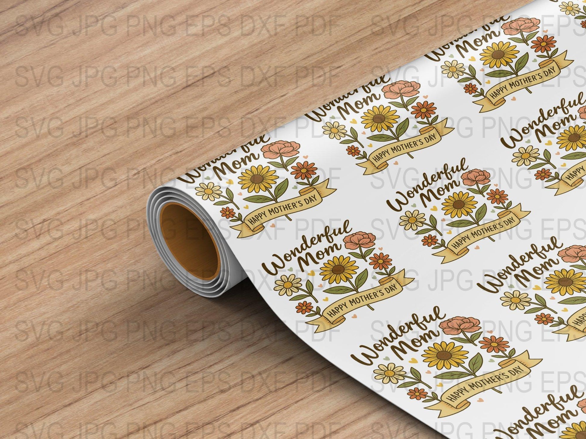 Wonderful Mom Sunflower Print Vinyl Sheet, Mother's Day Gift, Floral Craft Material for DIY Projects, Bright Yellow and White Flowers