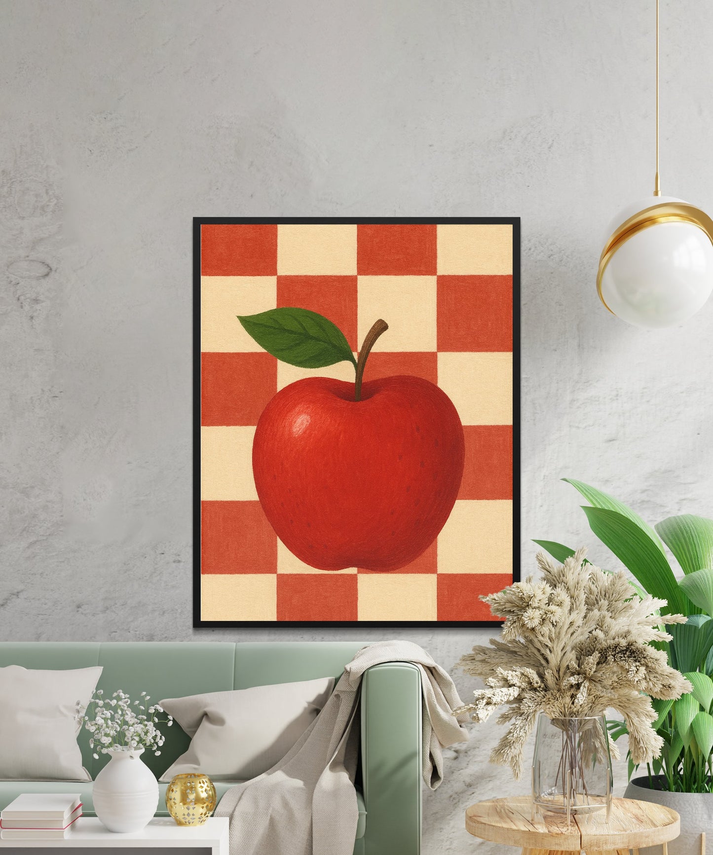 Large Red Apple Art Print, Modern Kitchen Wall Decor, Vibrant Checkerboard Background, Fruit-Themed Home Decoration
