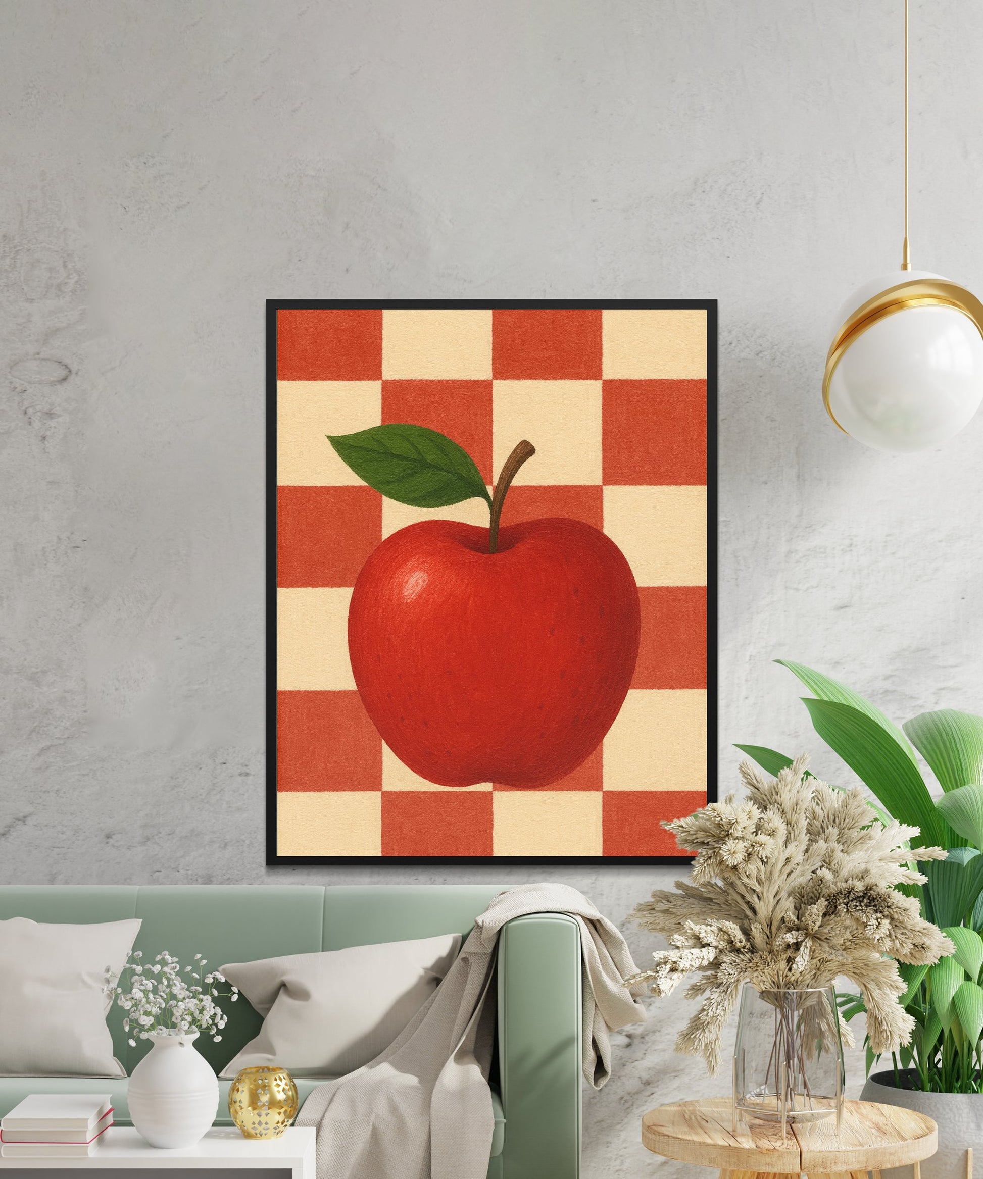 Large Red Apple Art Print, Modern Kitchen Wall Decor, Vibrant Checkerboard Background, Fruit-Themed Home Decoration