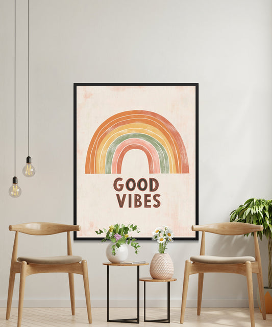 Modern Rainbow Wall Art Print, Good Vibes Poster, Minimalist Home Decor, Colorful Abstract Artwork for Living Room or Office