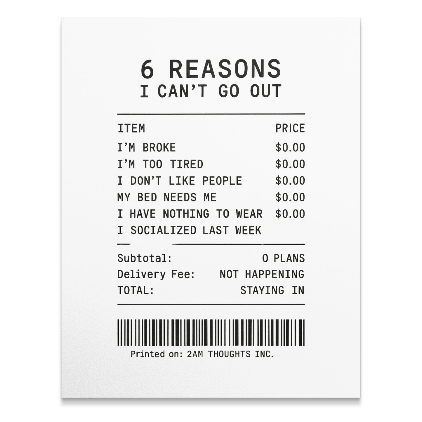 Funny Homebody Art Print, Reasons I Can't Go Out Poster, Introvert Wall Decor, Unique Social Humor, Stay Home Gift, Minimalist Typography