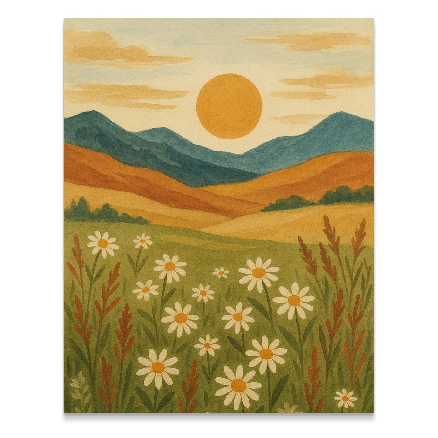 Rustic Meadow and Mountain Sunset Art Print, Floral Landscape Wall Decor, Warm Earth Tones