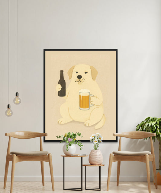 Cute Dog Drinking Beer Wall Art, Funny Labrador Poster, Home Bar Decor, Gift for Beer Lovers