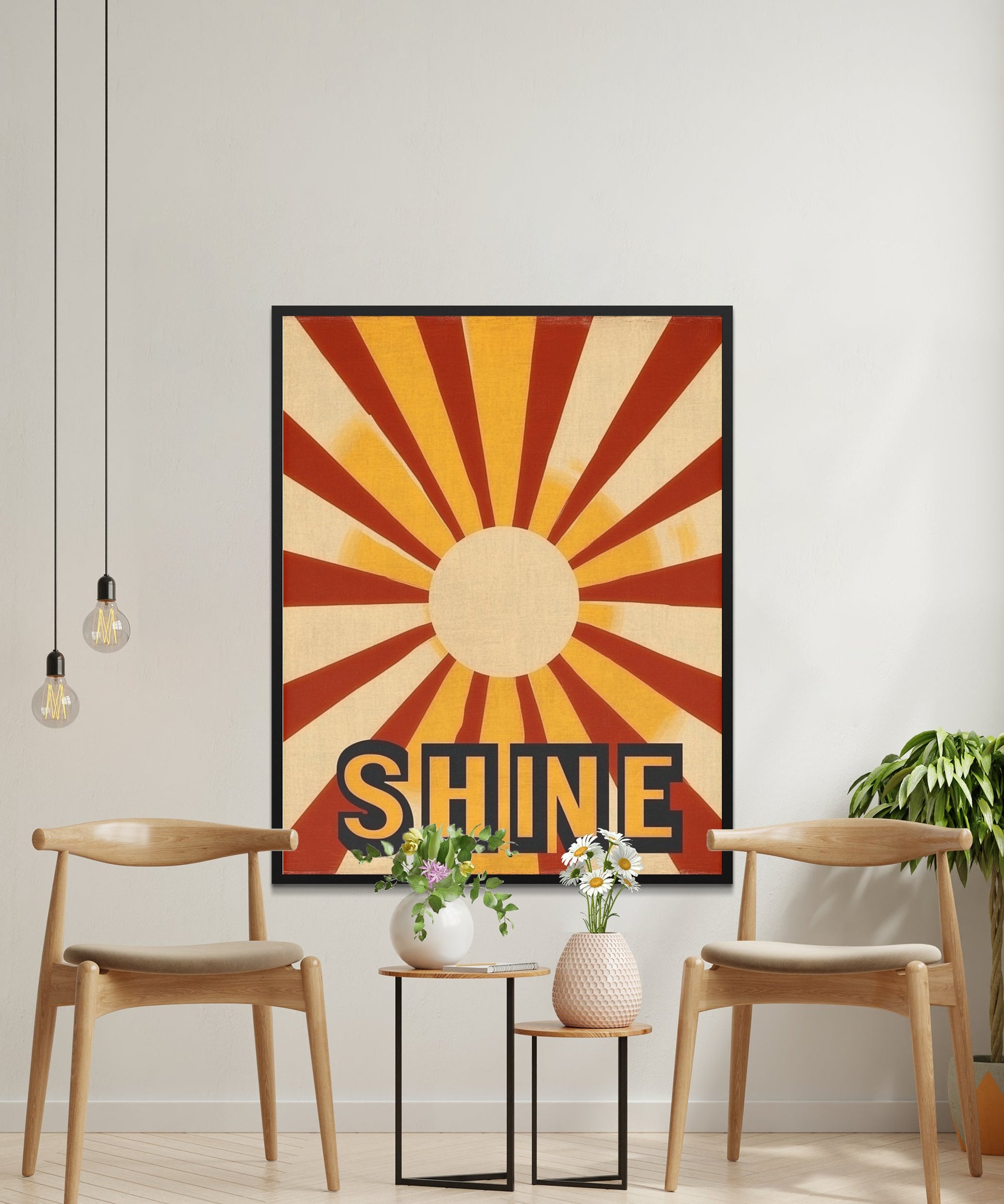 Vintage Shine Poster, Retro Sunburst Wall Art, Bold Typography Home Decor, Bright Colorful Living Room Decor