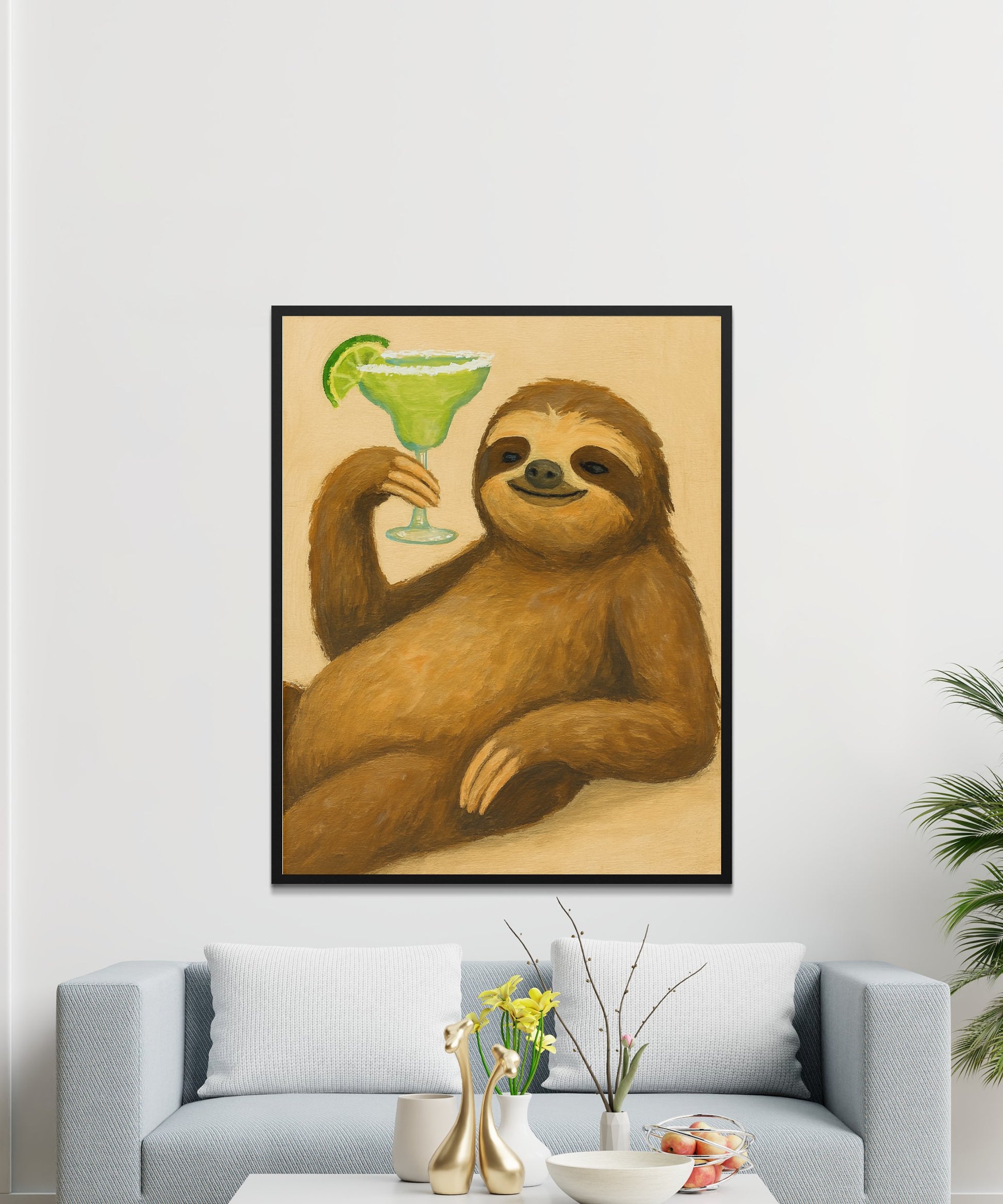 Sloth Art Print Wall Decor, Sloth Holding margarita, Cute Animal Canvas, Home Bar Decoration, Unique Gift Idea