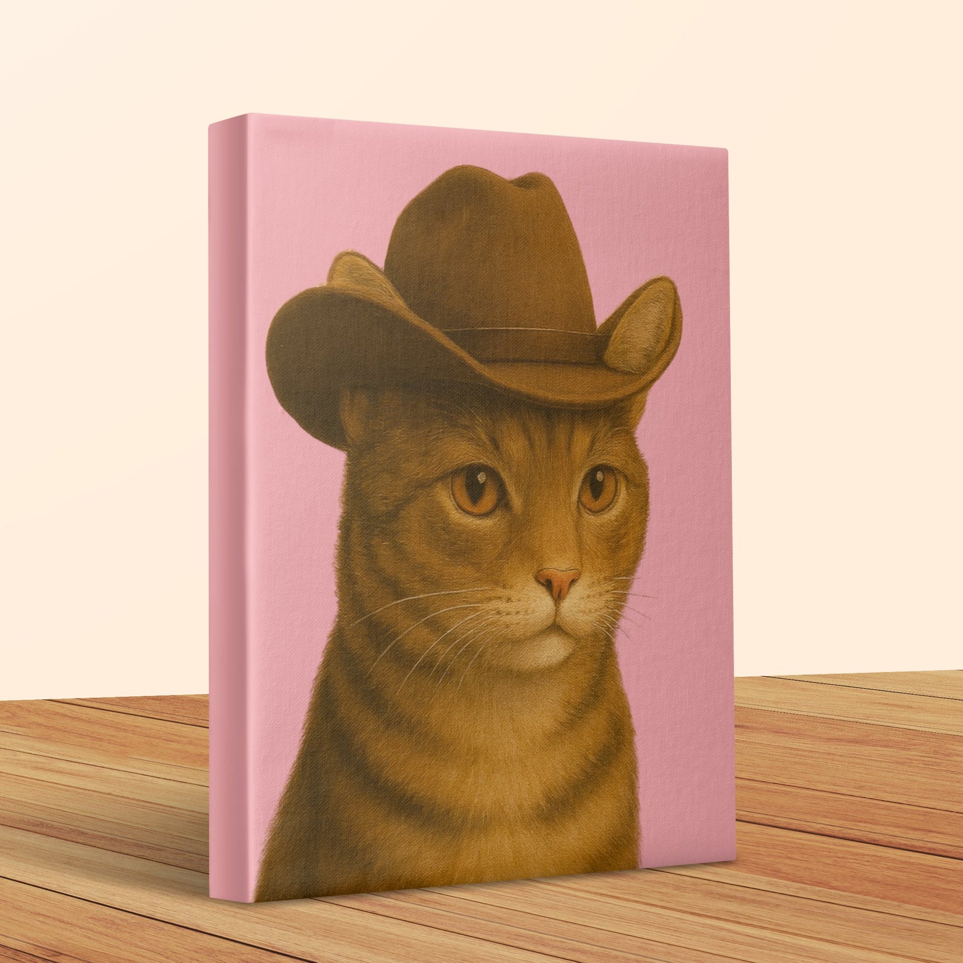 Cowboy Hat Cat Canvas Print, Western Style Feline Artwork, Pink Wall Decor, Animal Lover Gift