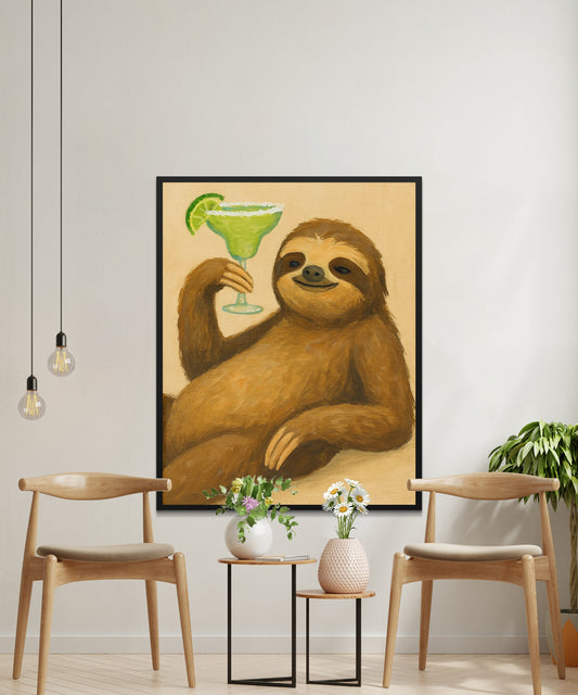Sloth Painting with Margarita, Whimsical Animal Art, Fun Kitchen Decor, Unique Wall Hanging, Colorful Sloth Artwork, Gift Idea