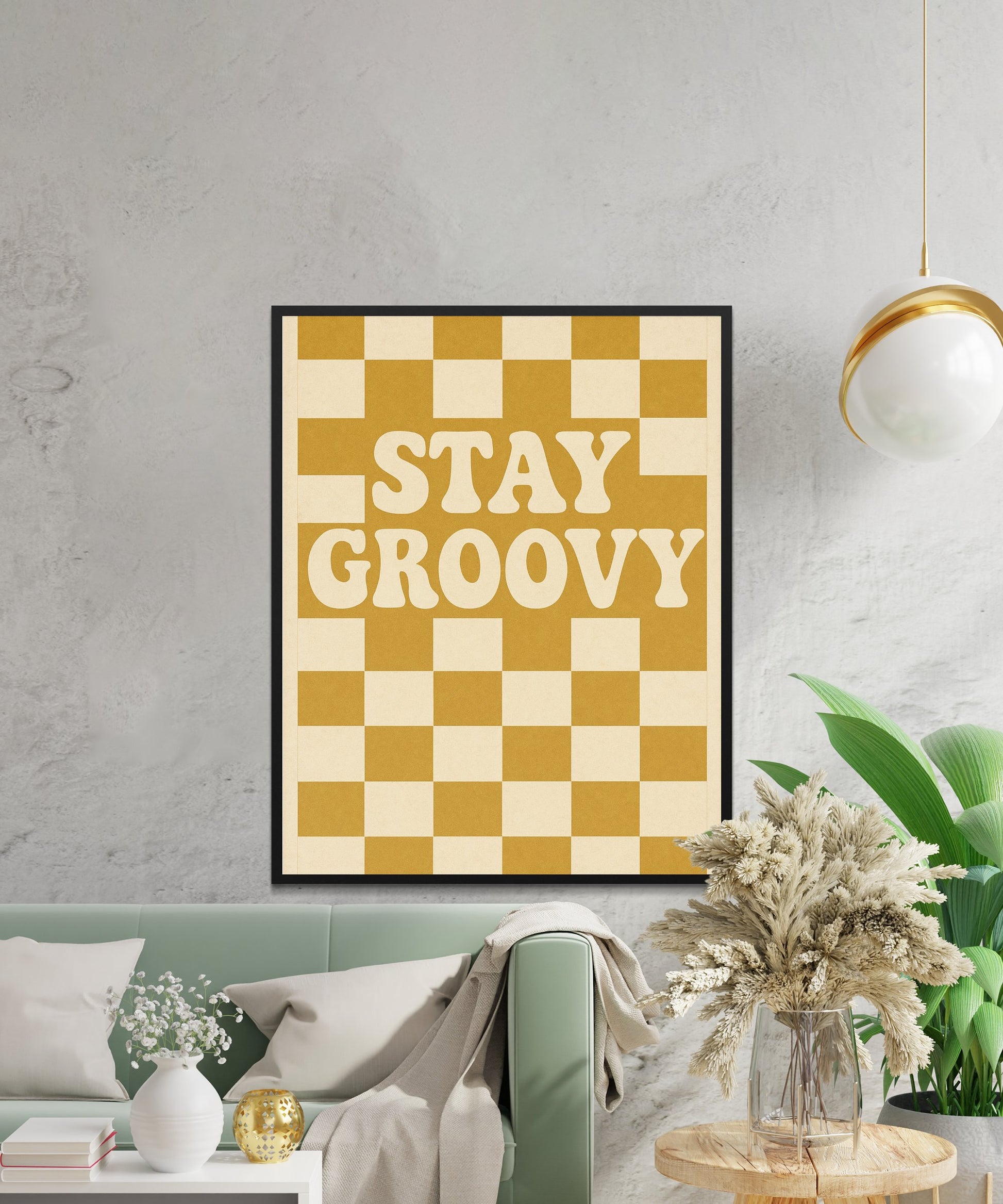 Stay Groovy Wall Art, Vintage Checkerboard Poster, Retro Home Decor, Typography Print, Bold Living Room Artwork, Aesthetic Room Decor