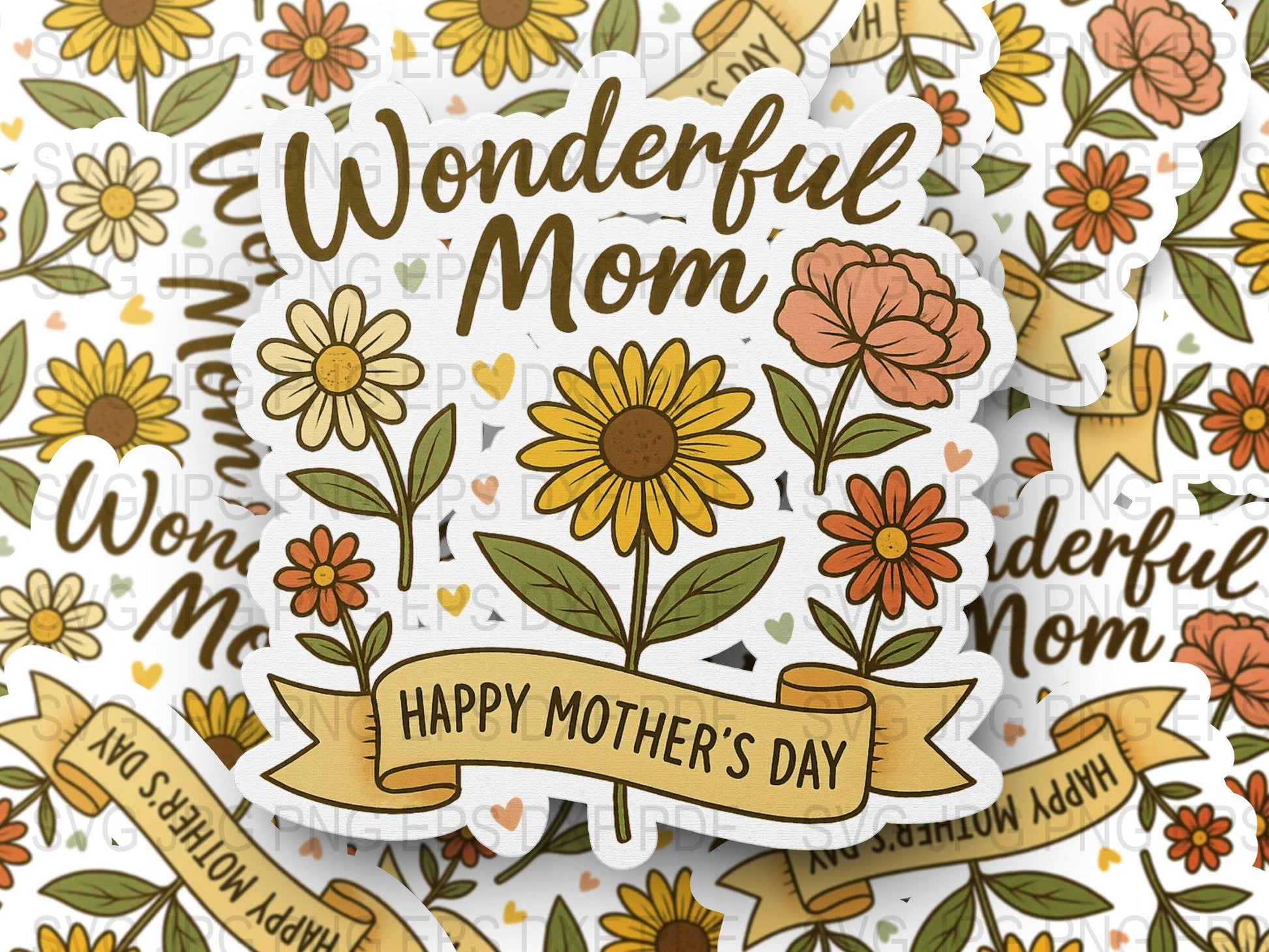 Wonderful Mom Happy Mother's Day Stickers, Floral Design, Yellow and Orange Flowers, Gift for Mom, Bulk Pack, Decorative Crafts Stickers