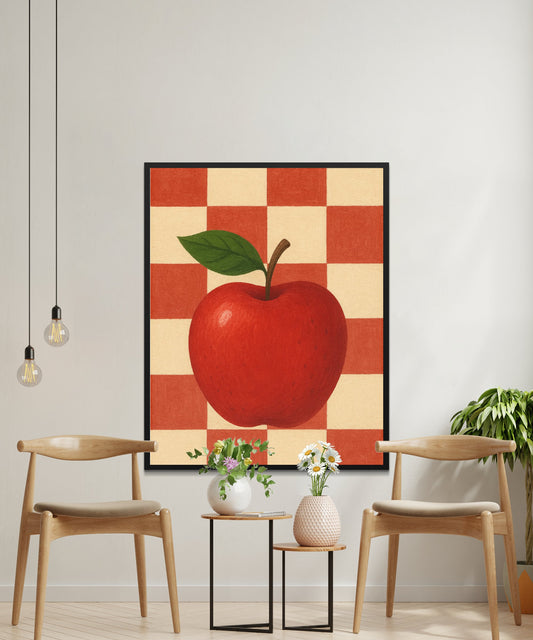 Large Red Apple Wall Art, Modern Fruit Kitchen Decor, Colorful Checkerboard Background, Dining Room Statement Piece